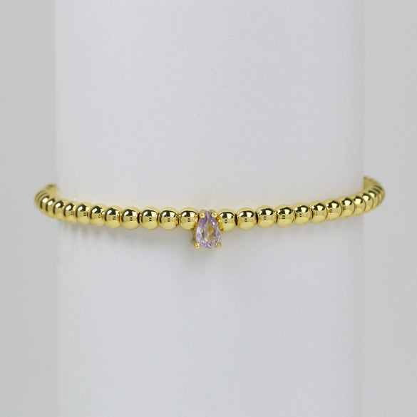 Wholesale Women's Copper Beaded Elastic Wire Bracelet With Drop Shape Zircon And Twelve Birthstone Electroplated