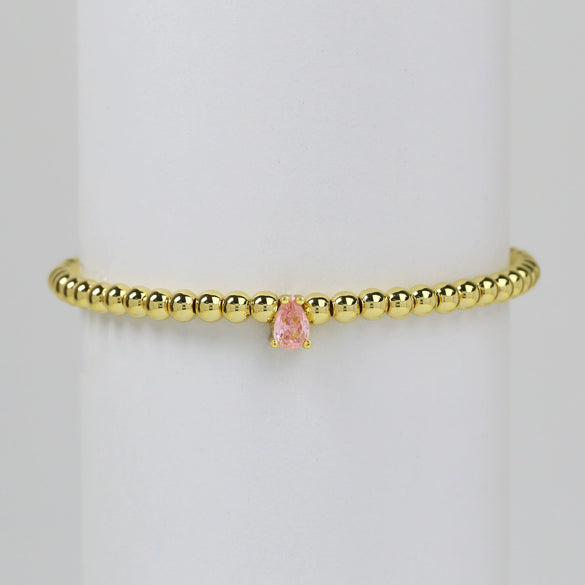 Wholesale Women's Copper Beaded Elastic Wire Bracelet With Drop Shape Zircon And Twelve Birthstone Electroplated