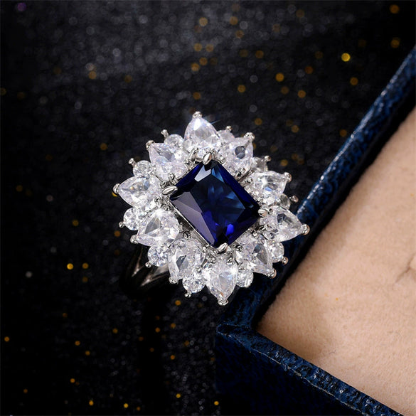 Wholesale Women's Copper Blue Zircon Ring Inlaid With Diamond And Featuring Flower Design