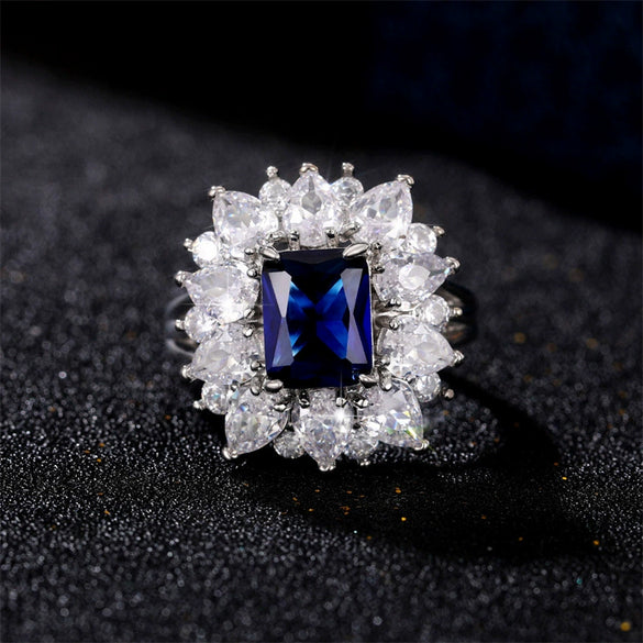 Wholesale Women's Copper Blue Zircon Ring Inlaid With Diamond And Featuring Flower Design