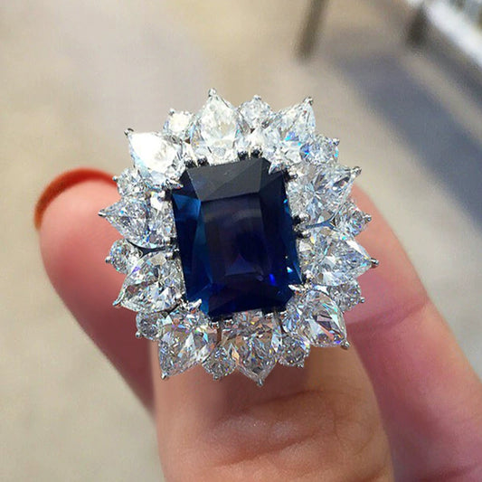 Wholesale Women's Copper Blue Zircon Ring Inlaid With Diamond And Featuring Flower Design