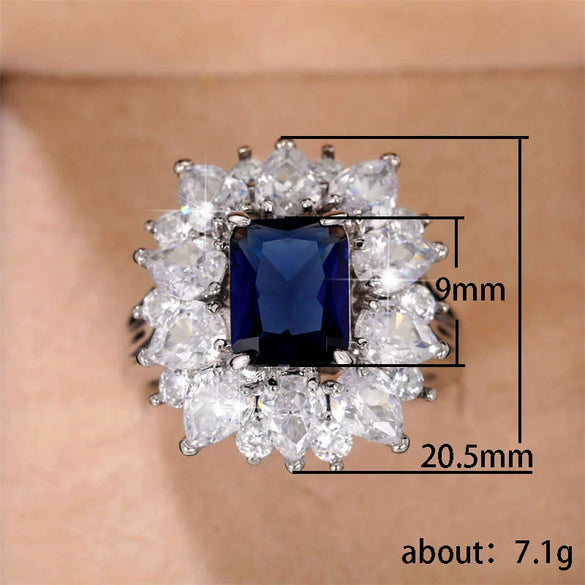 Wholesale Women's Copper Blue Zircon Ring Inlaid With Diamond And Featuring Flower Design