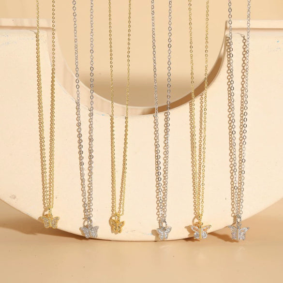 Wholesale Women's Copper Butterfly Pendant Necklace With Mixed Gem Inlay And Electroplating