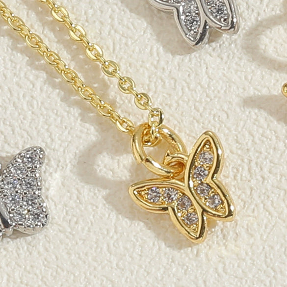 Wholesale Women's Copper Butterfly Pendant Necklace With Mixed Gem Inlay And Electroplating
