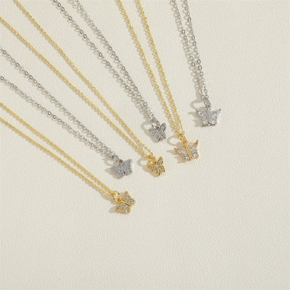 Wholesale Women's Copper Butterfly Pendant Necklace With Mixed Gem Inlay And Electroplating