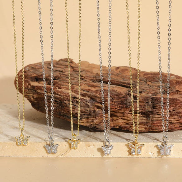 Wholesale Women's Copper Butterfly Pendant Necklace With Mixed Gem Inlay And Electroplating