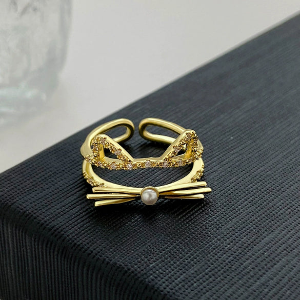 Wholesale Women's Copper Cat Geometric Open Finger Ring With Diamond Encrustment
