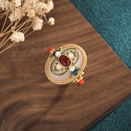 Wholesale Women's Copper Cloisonne Ring With Geometric Pattern Inlaid With White Jade And South Red Jade Using Ancient Method