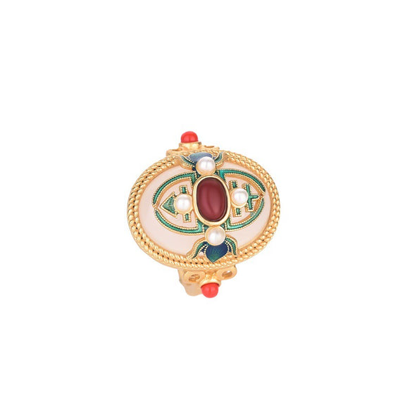 Wholesale Women's Copper Cloisonne Ring With Geometric Pattern Inlaid With White Jade And South Red Jade Using Ancient Method