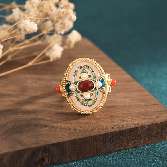 Wholesale Women's Copper Cloisonne Ring With Geometric Pattern Inlaid With White Jade And South Red Jade Using Ancient Method