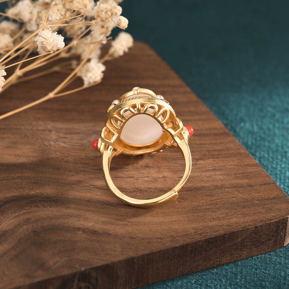 Wholesale Women's Copper Cloisonne Ring With Geometric Pattern Inlaid With White Jade And South Red Jade Using Ancient Method