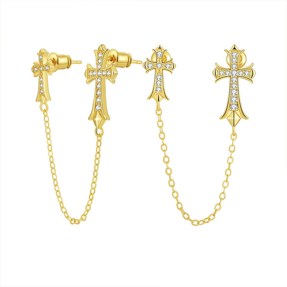 Wholesale Women's Copper Cross Pendant Chain Earrings With Geometric Pattern And Electroplating Treatment