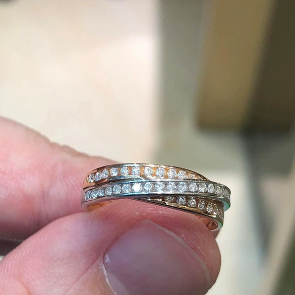 Wholesale Women's Copper Cross Ring With Microinlaid Zircon And Twocolor Electroplating In Geometric Style