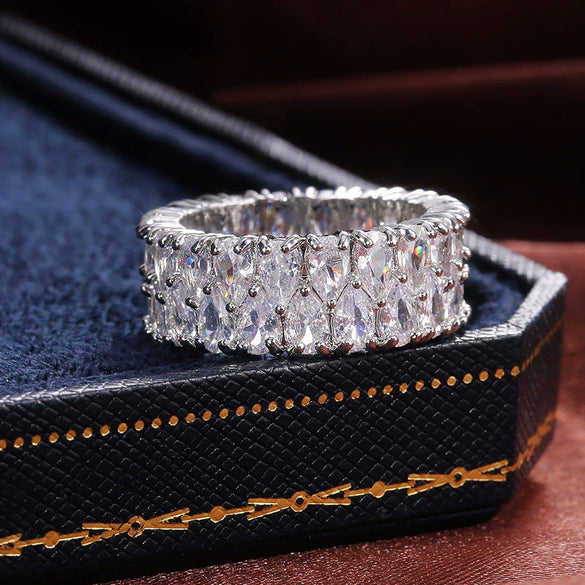 Wholesale Women's Copper Double Row Drop Shaped Geometric Zircon Ring