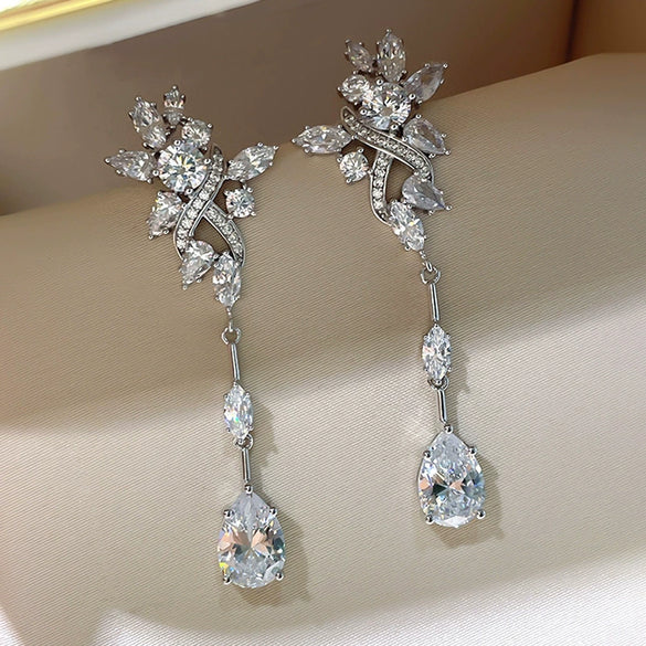 Wholesale Women's Copper Dropshaped Flower Inlaid Zircon Earrings