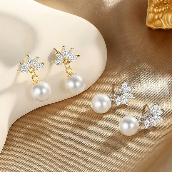 Wholesale Women's Copper Earrings With Flower And Geometric Pattern And Zirconia Design