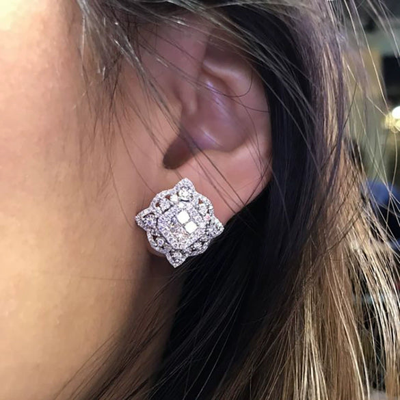 Wholesale Women's Copper Earrings With Flower Pattern And Inlaid Zircon French Cool Style