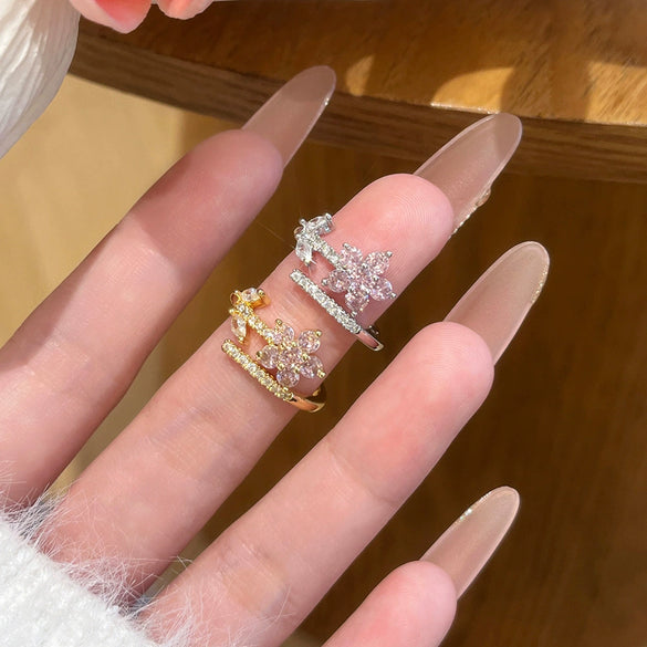 Wholesale Women's Copper Electroplated Gold Inlaid Zircon Flower Ring