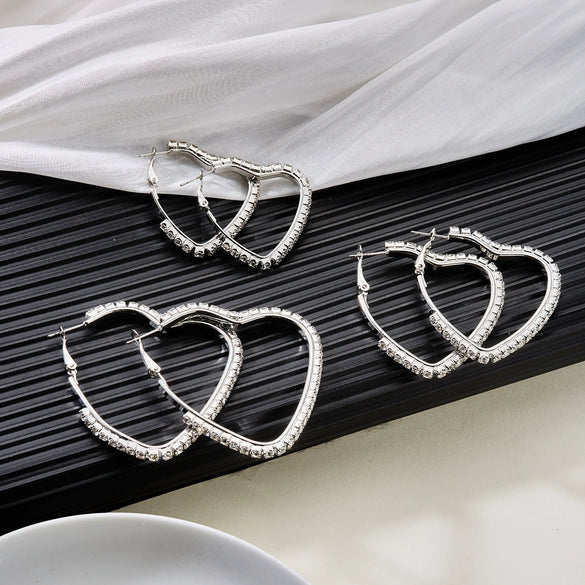 Wholesale Women's Copper Electroplated Heartshaped Diamondstudded Hollowout Earrings