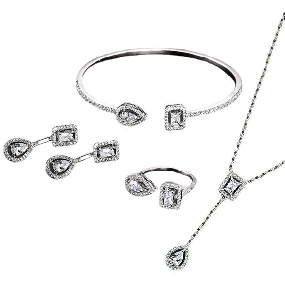 Wholesale Women's Copper Electroplated Inlaid Aaa Zircon Geometric Drop Shape Earrings And Ring Jewelry