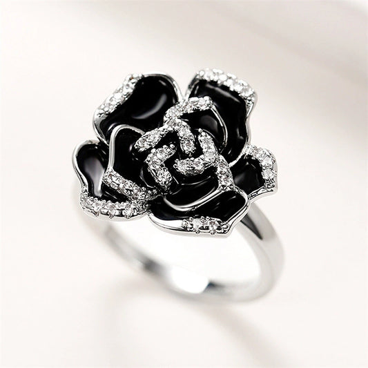 Wholesale Women's Copper Enamel Zircon Ring With Black Rose Flower Pattern Handmade Drop Glue Design