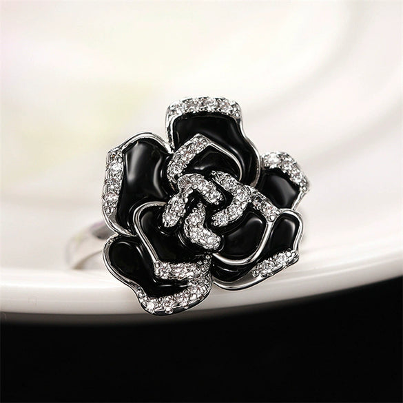 Wholesale Women's Copper Enamel Zircon Ring With Black Rose Flower Pattern Handmade Drop Glue Design