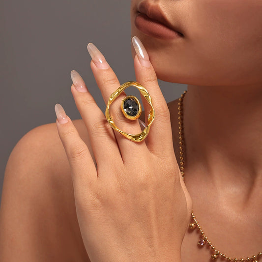 Wholesale Women's Copper Exaggerated Round Diamond Shaped Ring With Geometric Style And Real Gold Plated