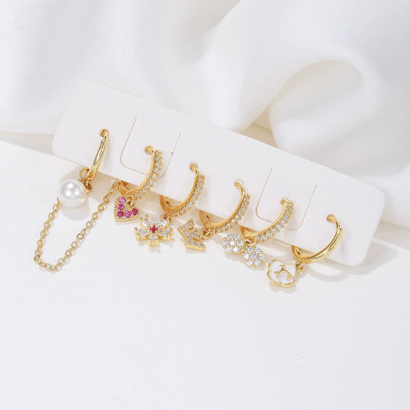 Wholesale Women's Copper Flower Geometric Heart Shape Inlaid Zircon Earrings Set