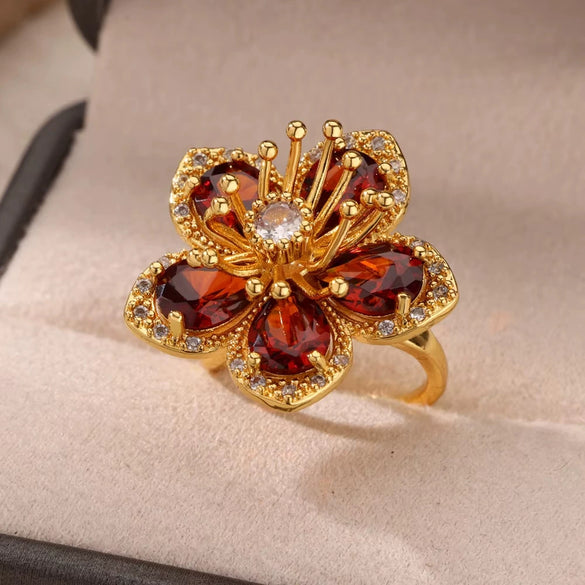 Wholesale Women's Copper Flower Ring Inlaid With Zircon And Full Diamond Electroplated