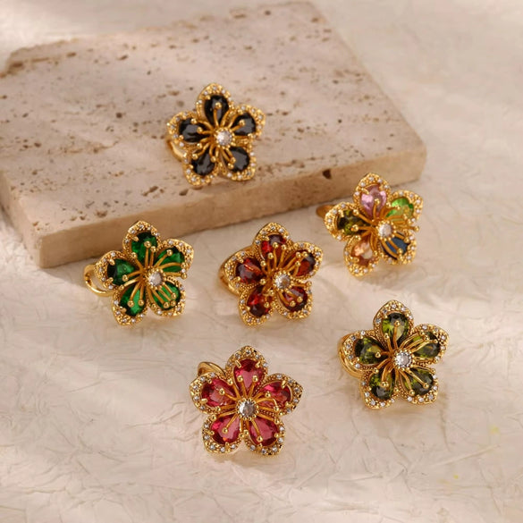 Wholesale Women's Copper Flower Ring Inlaid With Zircon And Full Diamond Electroplated