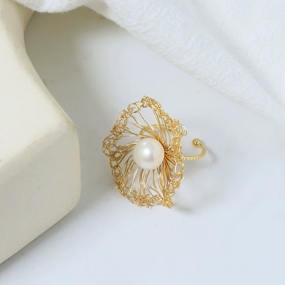 Wholesale Women's Copper Fresh Water Pearl Ring Geometric Style Electroplating Minimalist Retro Fashion