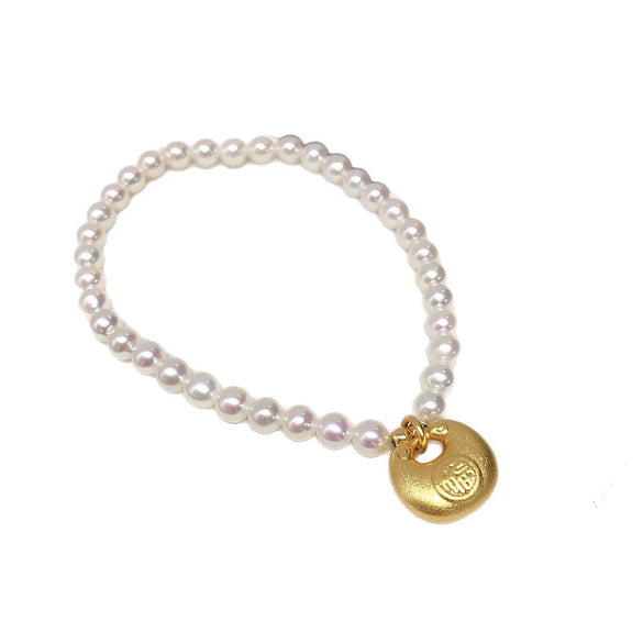 Wholesale Women's Copper Freshwater Pearl Elastic Bracelet With Blessing Lock And Lotus Sand Gold Colorpreserving Perfect Circle Shape