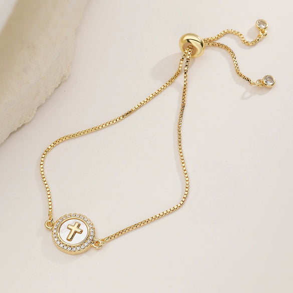Wholesale Women's Copper Geometric Cross Heart Bracelet With Micro Setting And 18K Gold Plated Zircon Shell