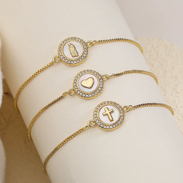 Wholesale Women's Copper Geometric Cross Heart Bracelet With Micro Setting And 18K Gold Plated Zircon Shell