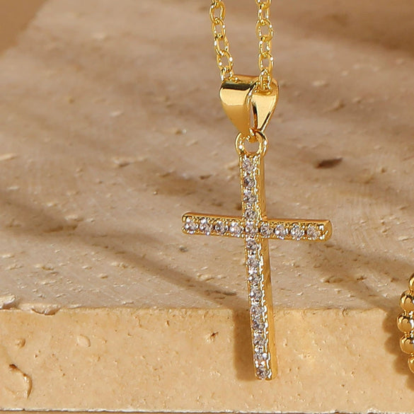 Wholesale Women's Copper Geometric Cross Pendant Choker Necklace With Inlaid Zircon And Ochain