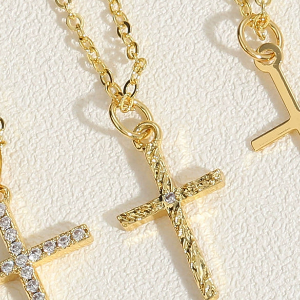 Wholesale Women's Copper Geometric Cross Pendant Choker Necklace With Inlaid Zircon And Ochain
