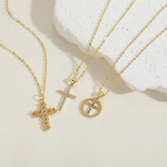 Wholesale Women's Copper Geometric Cross Pendant Choker Necklace With Inlaid Zircon And Ochain