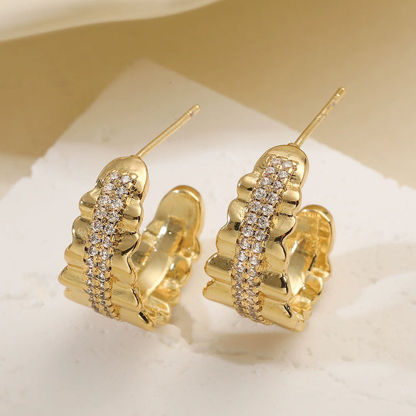 Wholesale Women's Copper Geometric Cshaped Electroplated Zircon Earrings