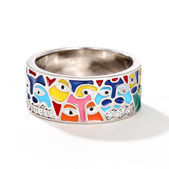 Wholesale Women's Copper Geometric Eye Art Ring With Zircon And Imitation Enamel Color Drop Oil Design