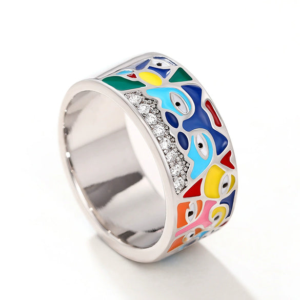 Wholesale Women's Copper Geometric Eye Art Ring With Zircon And Imitation Enamel Color Drop Oil Design