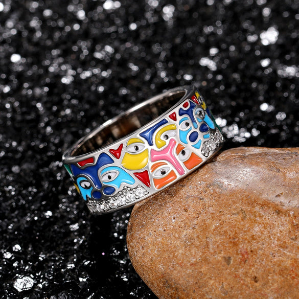 Wholesale Women's Copper Geometric Eye Art Ring With Zircon And Imitation Enamel Color Drop Oil Design