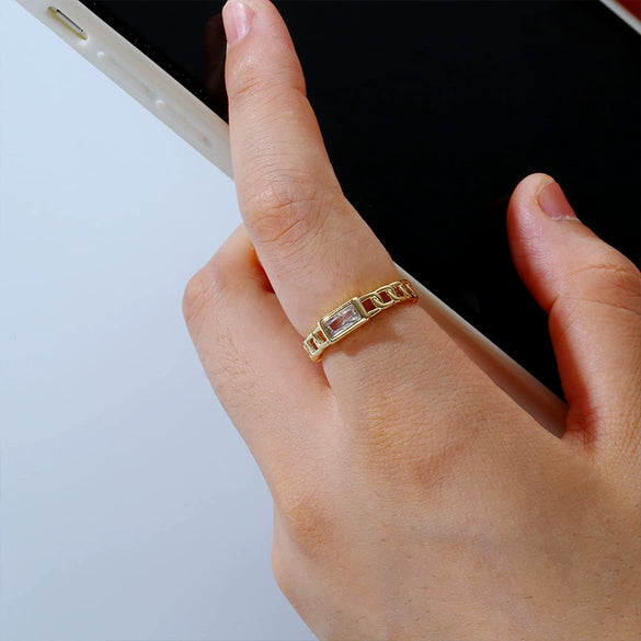 Wholesale Women's Copper Geometric Hollow Opening Adjustable Zircon Ring With Electroplating And Niche Chain Design