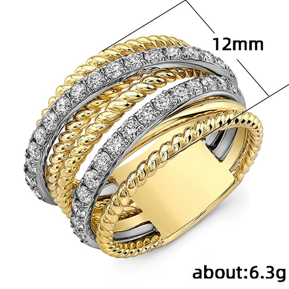 Wholesale Women's Copper Geometric Multicircle Combination Twocolor Electroplated Micropaved Zircon Ring With Diamond Design
