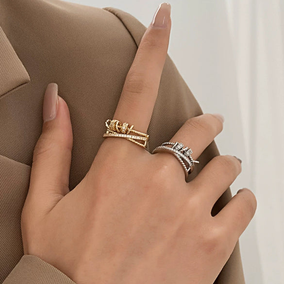 Wholesale Women's Copper Geometric Multilayer Crossrotating Flexible Strain Opening Adjustable Anxiety Transfer Ring With Electroplating