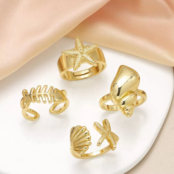 Wholesale Women's Copper Geometric Ocean Starfish Conch Open Ring Goldplated