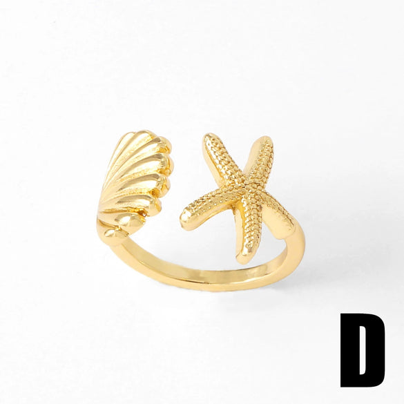 Wholesale Women's Copper Geometric Ocean Starfish Conch Open Ring Goldplated