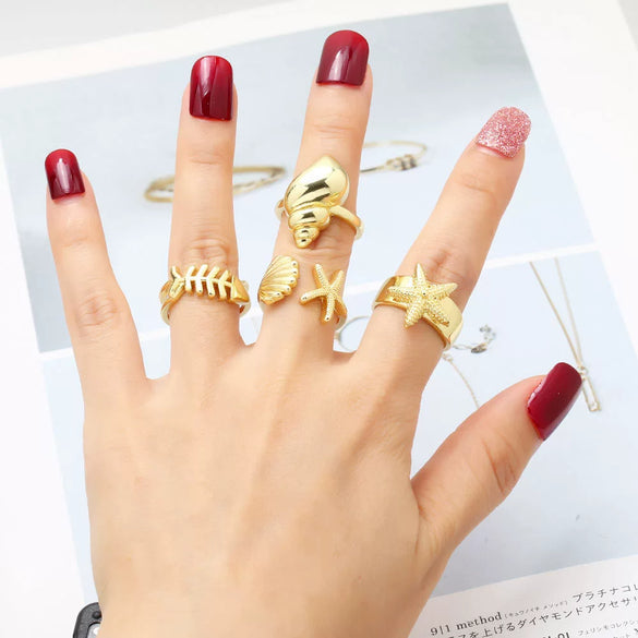 Wholesale Women's Copper Geometric Ocean Starfish Conch Open Ring Goldplated