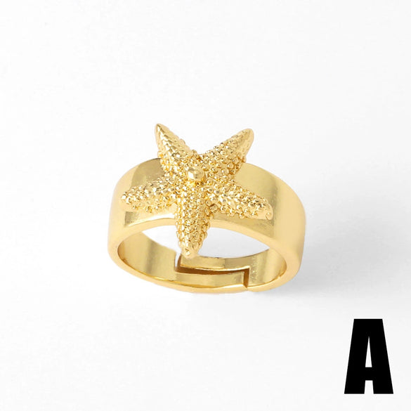 Wholesale Women's Copper Geometric Ocean Starfish Conch Open Ring Goldplated