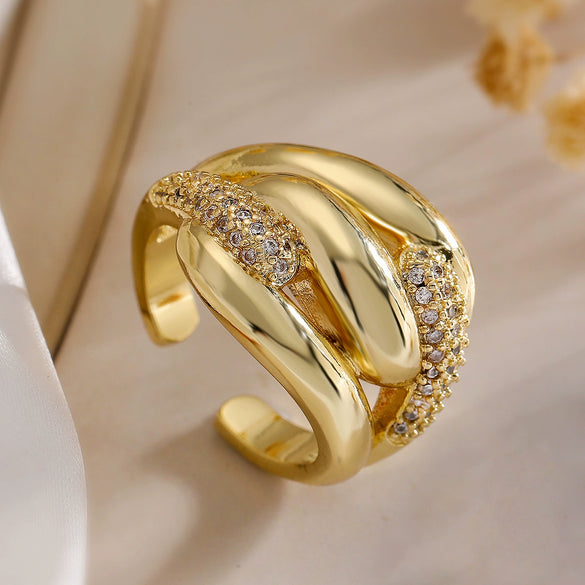 Wholesale Women's Copper Geometric Open Ring With 18K Gold Plating And Micro Inlay Zircon
