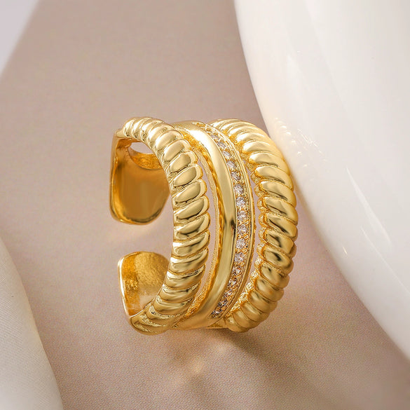 Wholesale Women's Copper Geometric Open Ring With 18K Gold Plating And Micro Inlay Zircon